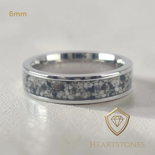 Titanium 6mm memorial band ring with crushed ash inlay, flush set and meticulously finished by hand by Heartstones®”