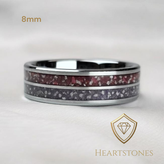“Tungsten memorial band ring with dual red and grey ash inlays, flush set and meticulously finished by hand by Heartstones®”