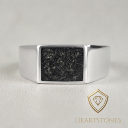 “Sterling silver signet memorial ring with square ash inlay, flush set and meticulously finished by hand by Heartstones®”