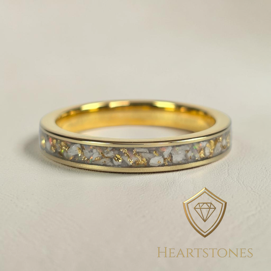 “Gold memorial band ring with white ash and gold leaf inlay, flush set and meticulously finished by hand by Heartstones®”
